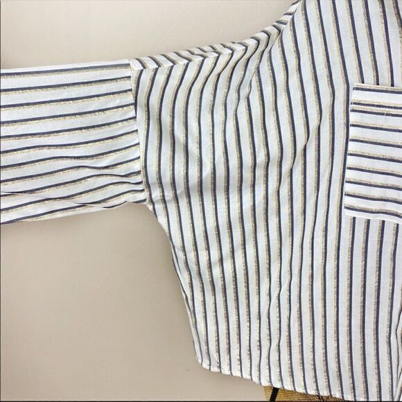 Express The Boxy Shirt Striped Button Front Shirt Blue White Gold Small - Picture 5 of 12